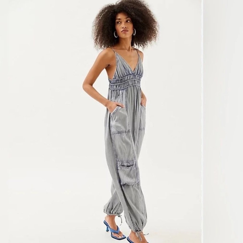 Out From Under Urban Outfitters Festival Jumpsuit Cargo Blue Gray Smocked XS